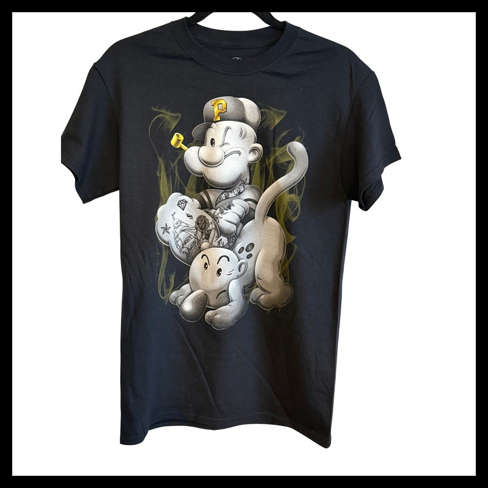 Popeye T Shirt Black Graphic Print Short Sleeve Crew Neck Cotton Size S